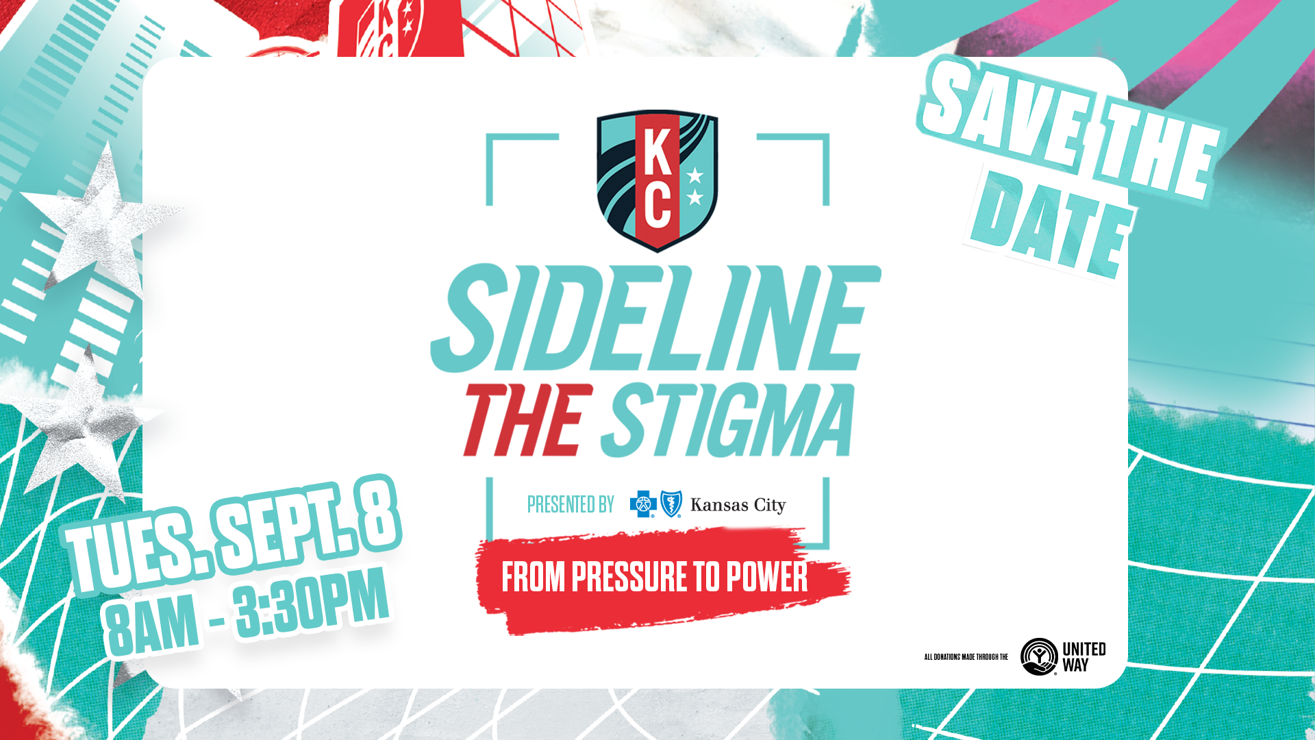 Sideline The Stigma graphic saying save the date Tuesday September 8th at 8am-3:30pm on a white and teal KC city scape background.