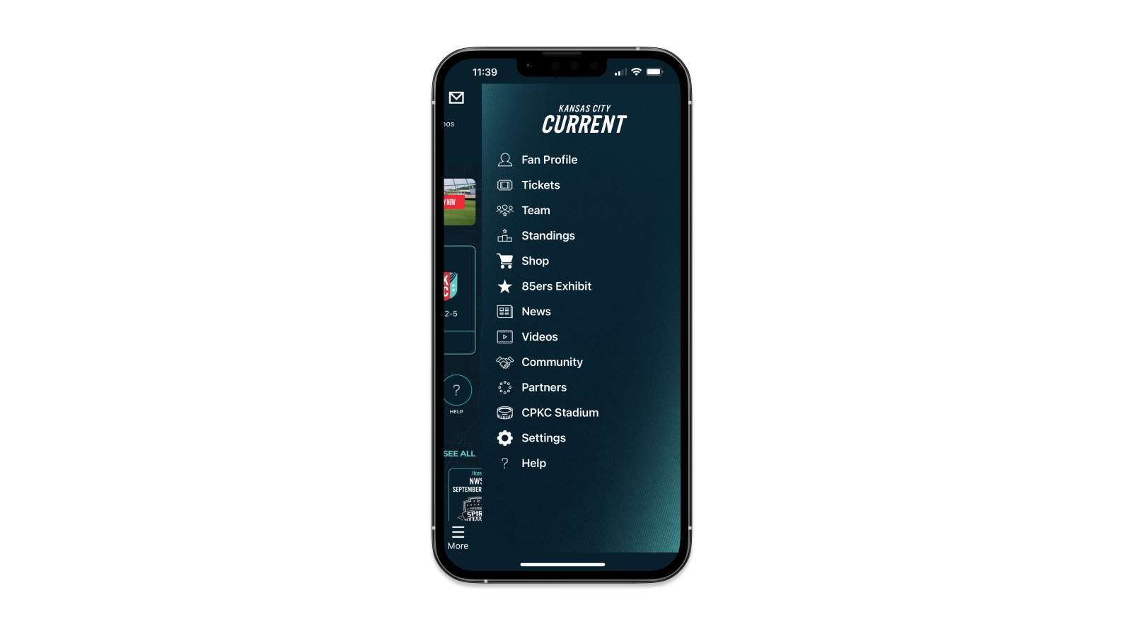 A screenshot of the More Menu of the app.