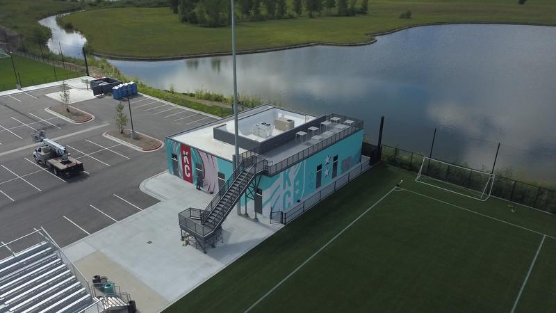 View of academy building and perch that overlook our five premium turf fields.