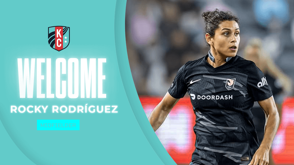 Rocky Rodriguez playing soccer next to a graphic with her name and a welcome message