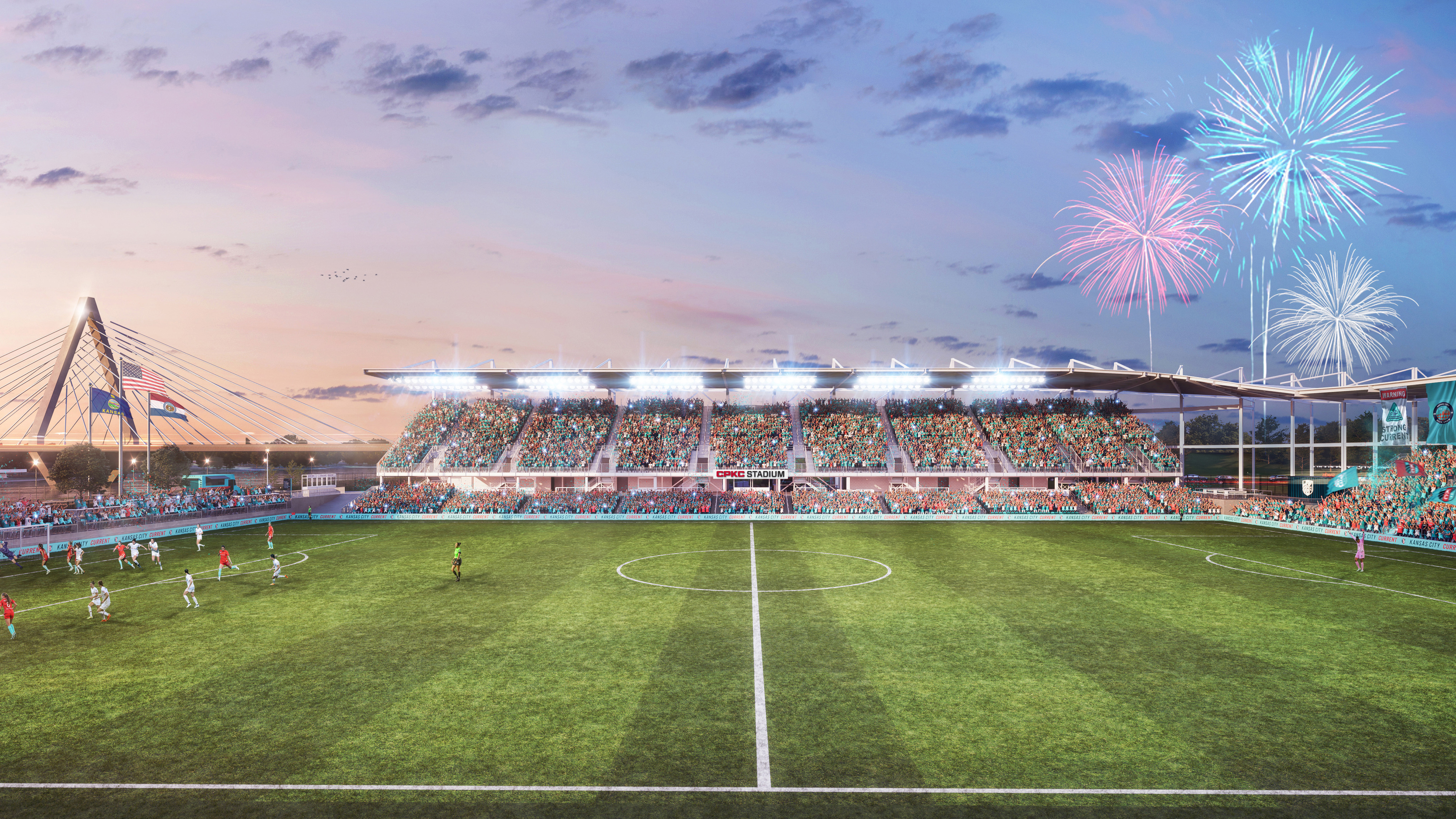 A view of KC Current Stadium's east stand with the fireworks and bridge in view