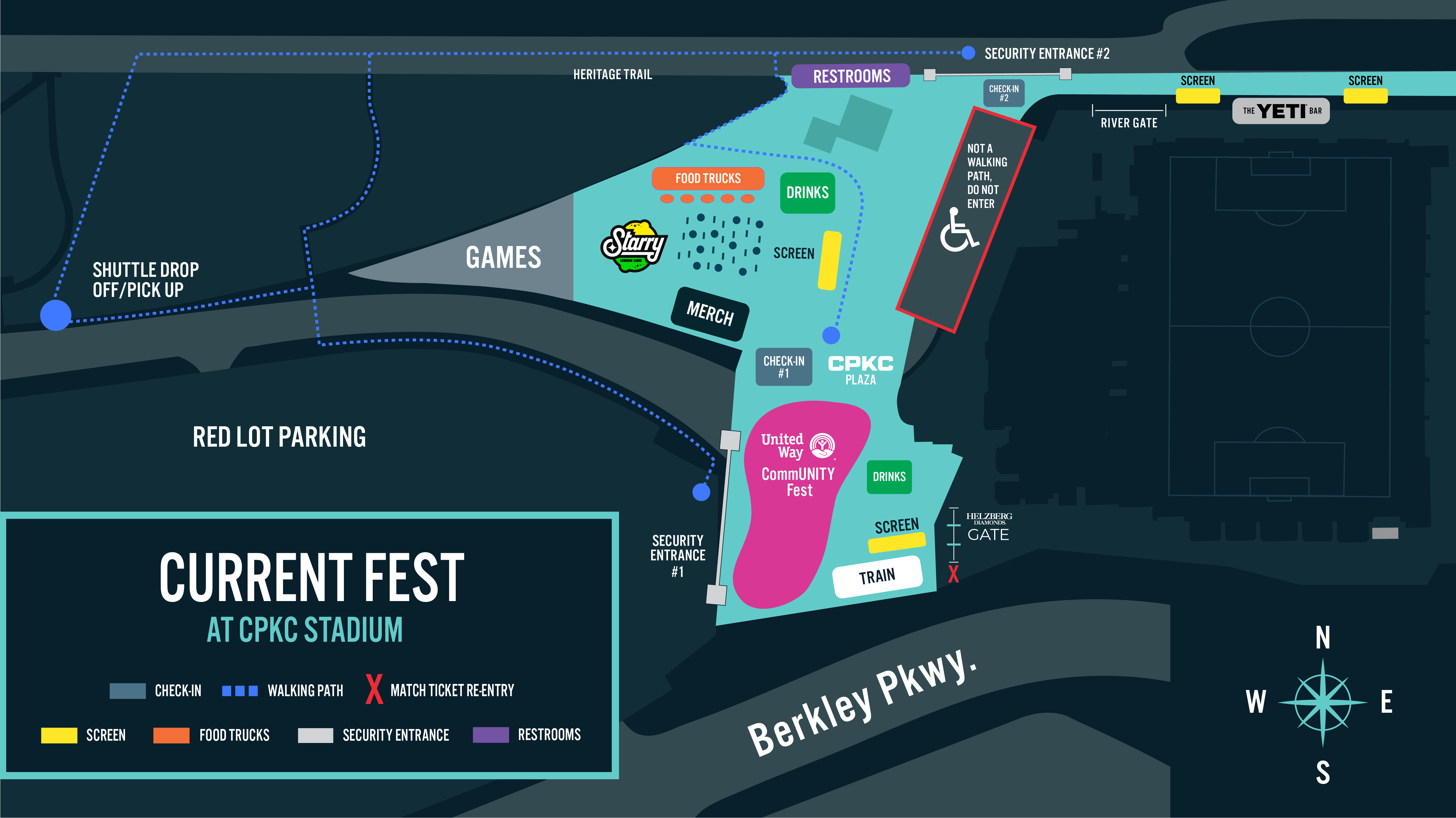 A map of multiple colored-icons on a teal area marking the "Current Fest" space. The larger background is navy.