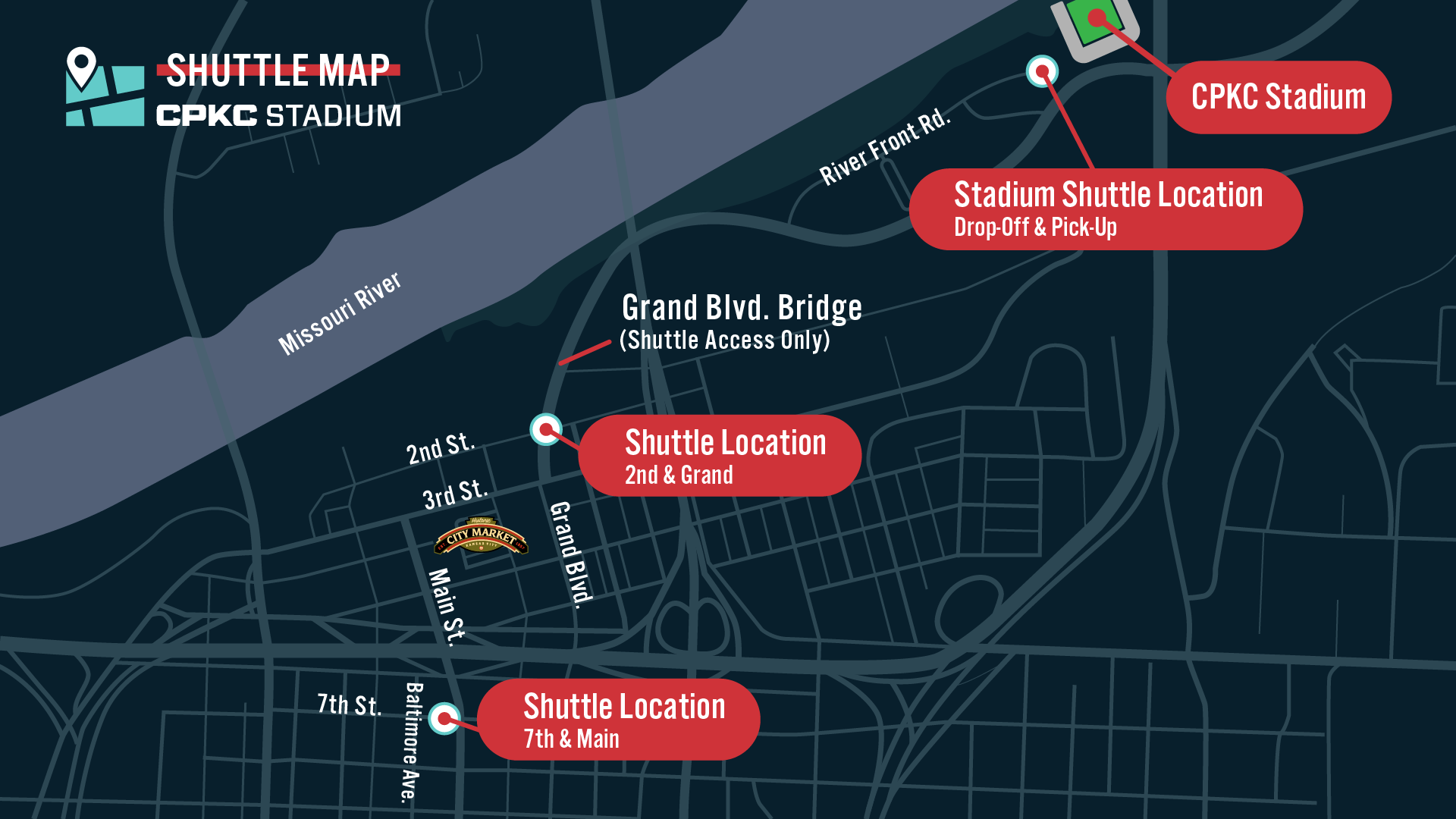 Map showing routes for KC Current's matchday shuttle, with green entry and red exit routes, on a dark navy background.