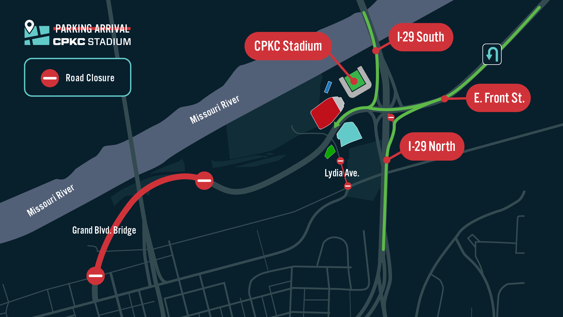 A map of green arrows converging and showing the best entry methods for those parking in stadium lots on matchday. 