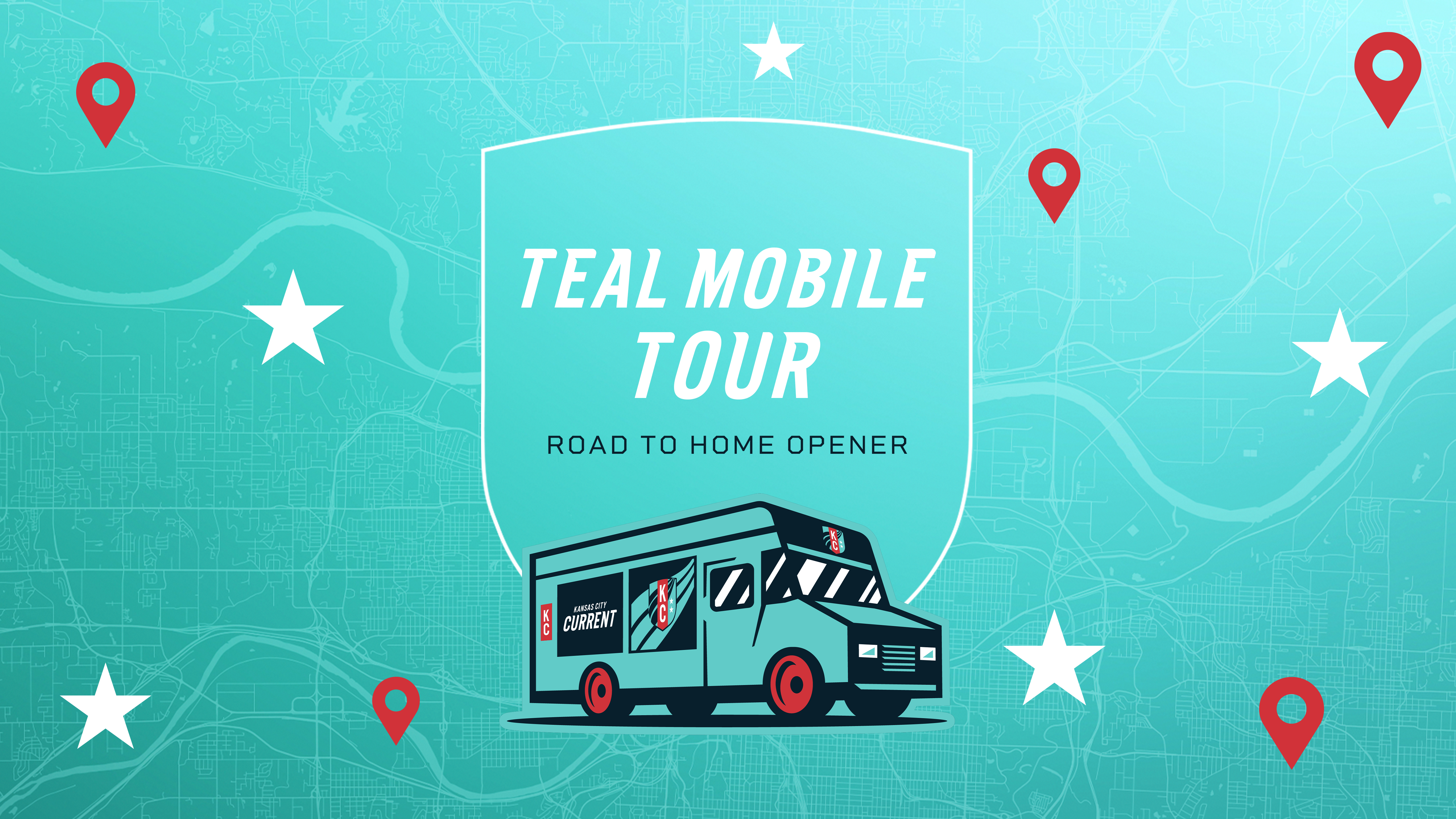 The title graphic shows a map of KC with a Teal Mobile icon. Teal Mobile Tour Schedule on the road to the home opener.