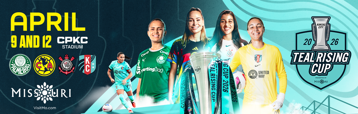 April 9 and 12 Teal Rising Cup at CPKC Stadium presented by visit Missouri graphic.